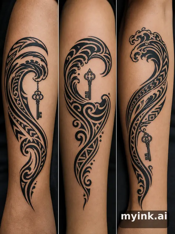 Three symbolic memorial tattoo routes based on ocean waves and a small key — Tribal Tattoo Design reference image