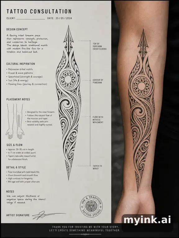 First tattoo consultation sheet with a fine-line forearm design and placement notes — Tribal Tattoo Design reference image