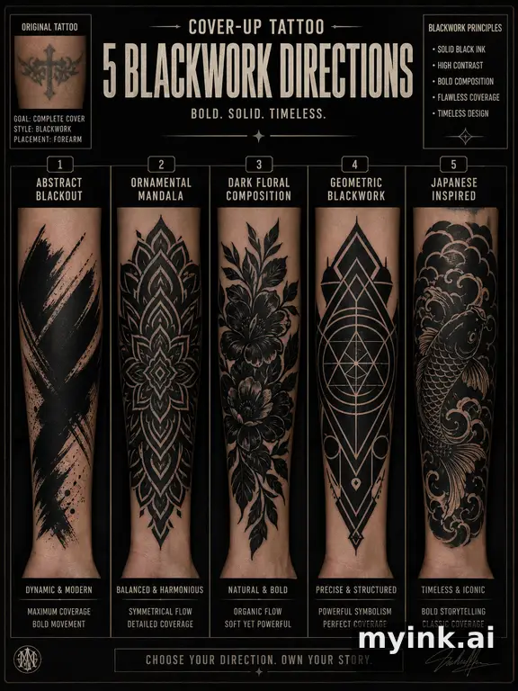 Cover-up tattoo planning board showing five blackwork directions — Blackwork Tattoo Design reference image