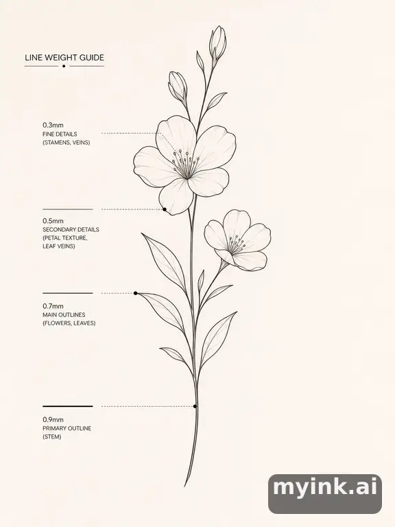 Clean stencil-ready botanical tattoo with line weight annotations — Minimalist Tattoo Design reference image
