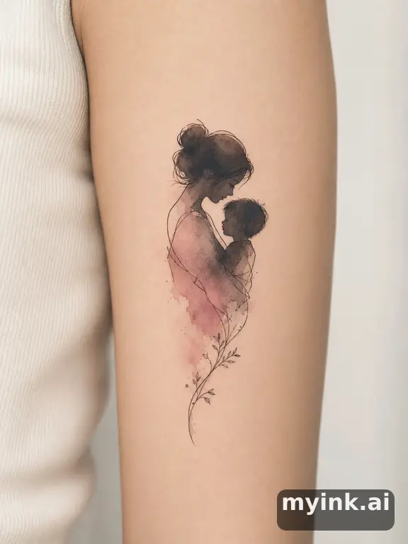 Mother and child silhouette in watercolor ink style — Minimalist Tattoo Design reference image