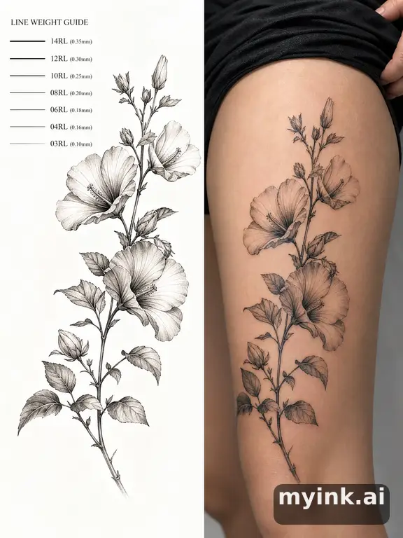 Clean stencil-ready botanical tattoo with line weight annotations — Realistic Tattoo Design reference image