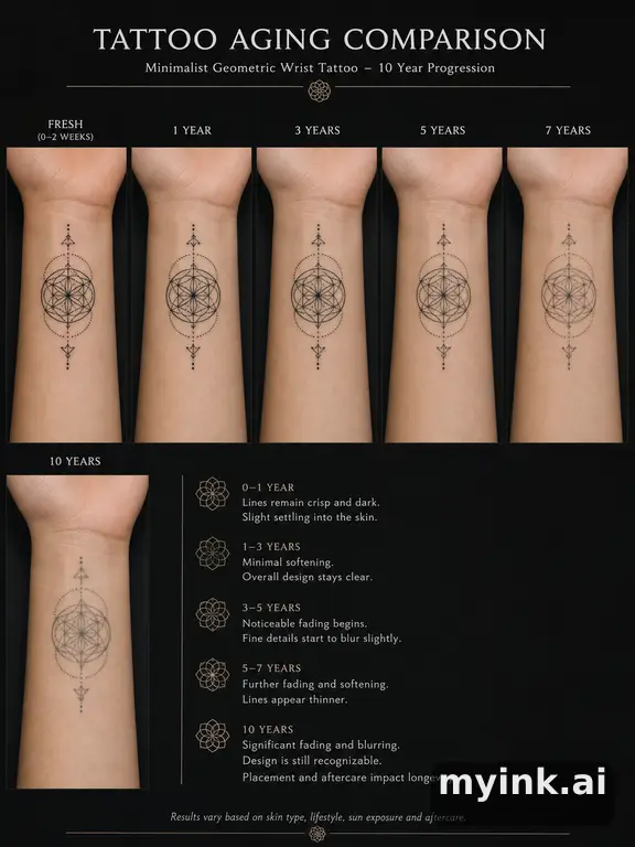 Tattoo aging comparison for a minimalist wrist design over ten years — Geometric Tattoo Design reference image