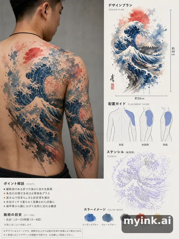 Consultation-ready Japanese wave tattoo plan with stencil and placement notes — Watercolor Tattoo Design reference image