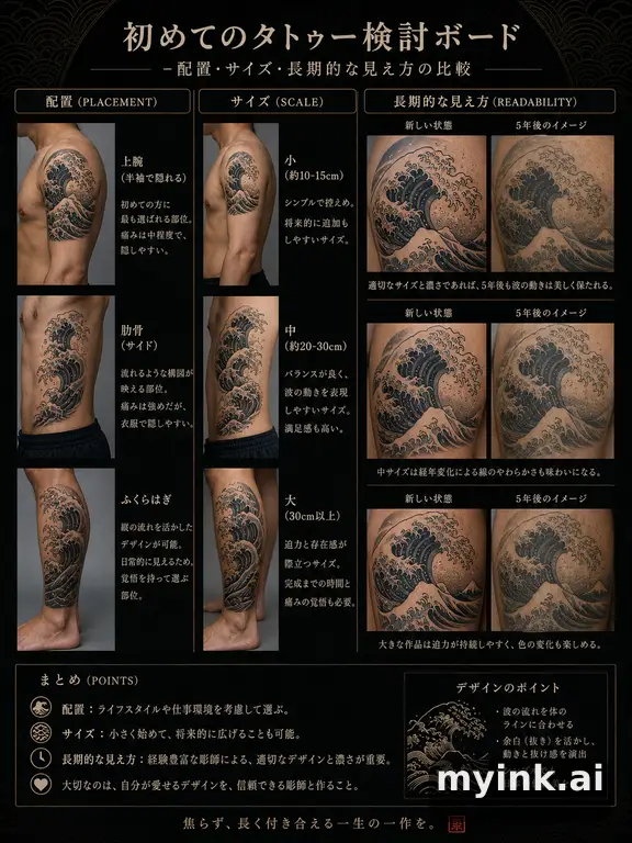 First tattoo decision board comparing placement — Japanese Tattoo Design reference image