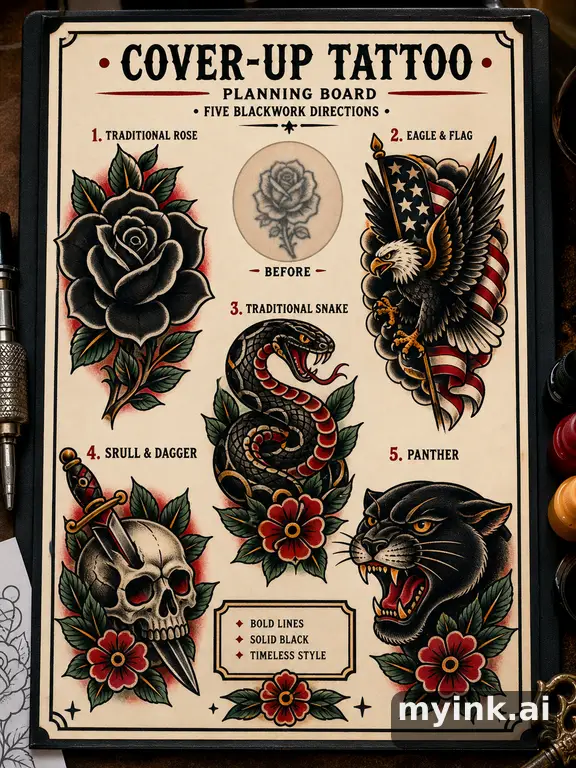 Cover-up tattoo planning board showing five blackwork directions — Traditional Tattoo Design reference image