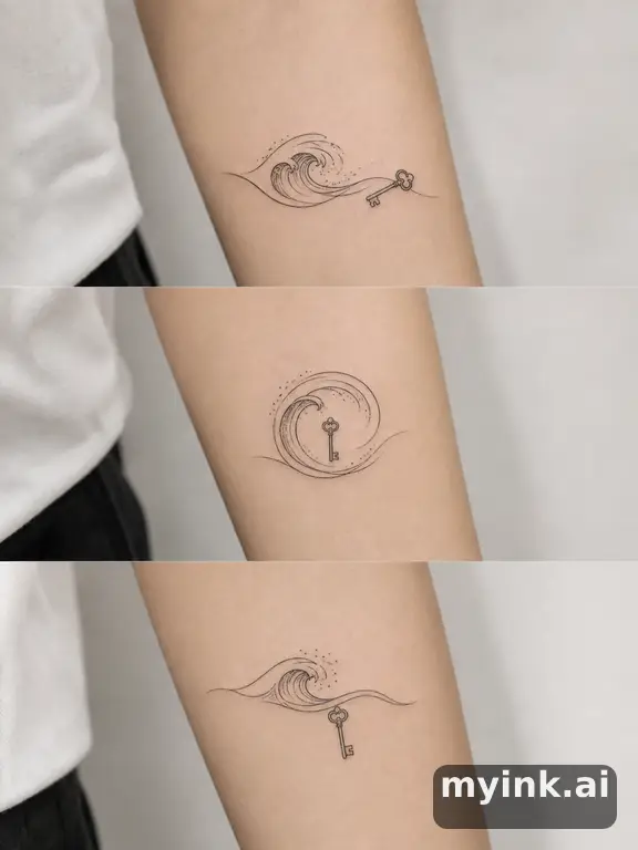 Three symbolic memorial tattoo routes based on ocean waves and a small key — Minimalist Tattoo Design reference image