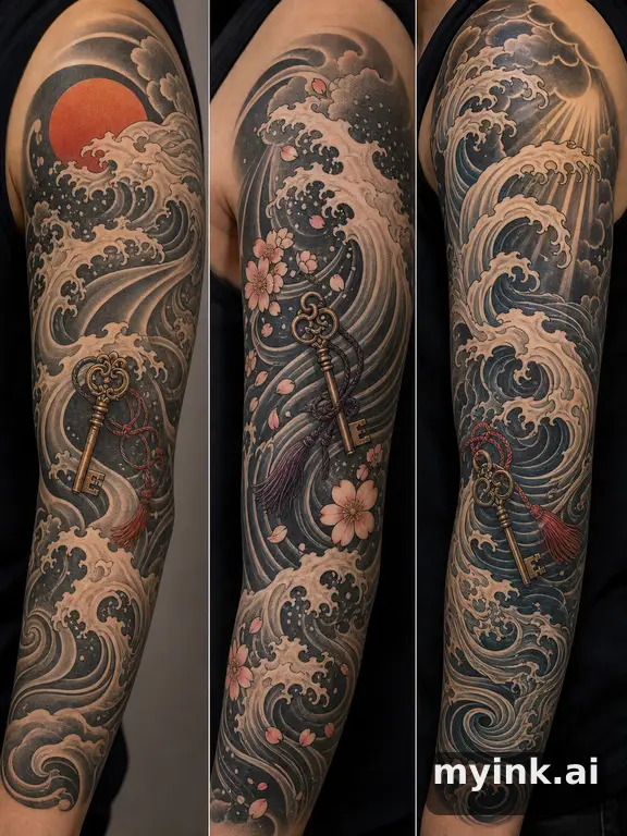 Three symbolic memorial tattoo routes based on ocean waves and a small key — Japanese Tattoo Design reference image