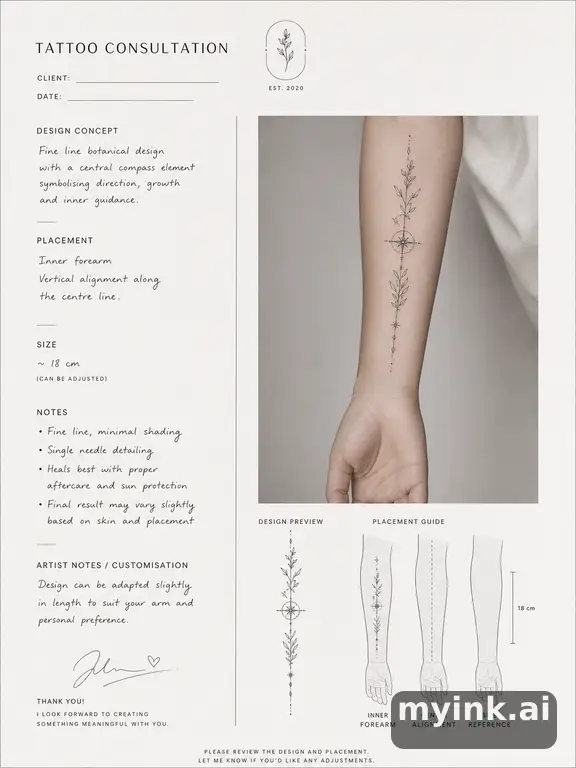 First tattoo consultation sheet with a fine-line forearm design and placement notes — Minimalist Tattoo Design reference image