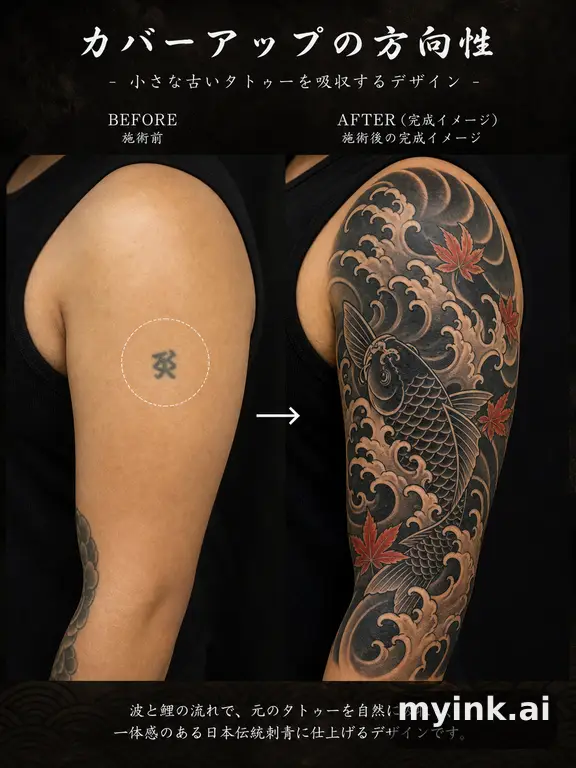 Before-and-after cover-up direction that absorbs an old small symbol — Japanese Tattoo Design reference image