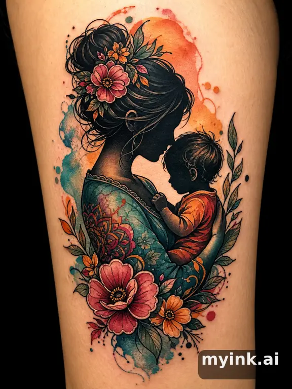 Mother and child silhouette in watercolor ink style — Neotraditional Tattoo Design reference image