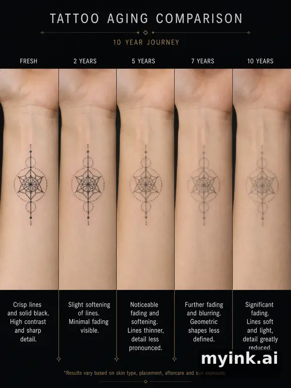 Tattoo aging comparison for a minimalist wrist design over ten years — Geometric Tattoo Design reference image