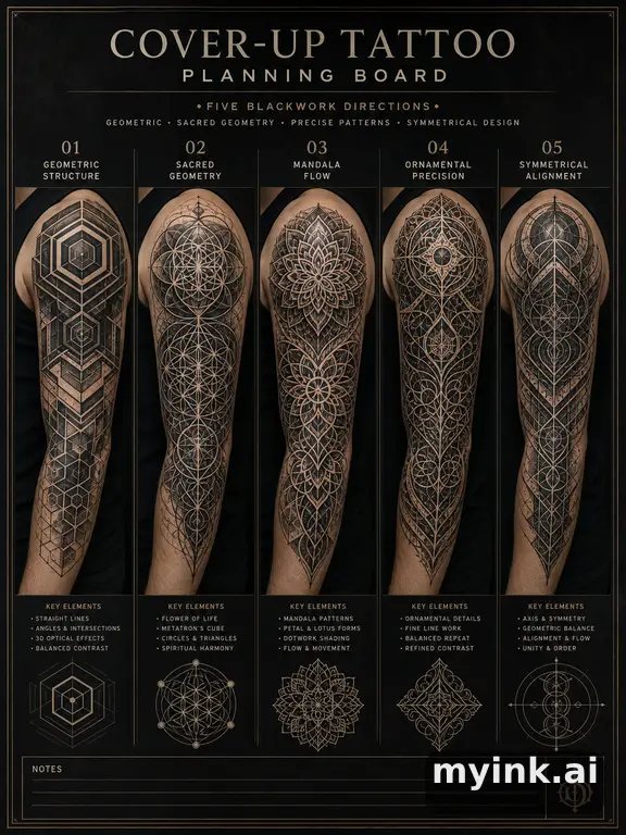 Cover-up tattoo planning board showing five blackwork directions — Geometric Tattoo Design reference image