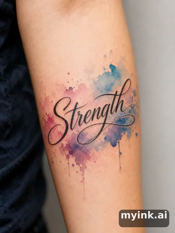 Word 'Strength' in elegant script — Watercolor Tattoo Design reference image