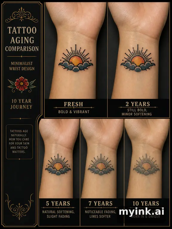 Tattoo aging comparison for a minimalist wrist design over ten years — Neotraditional Tattoo Design reference image