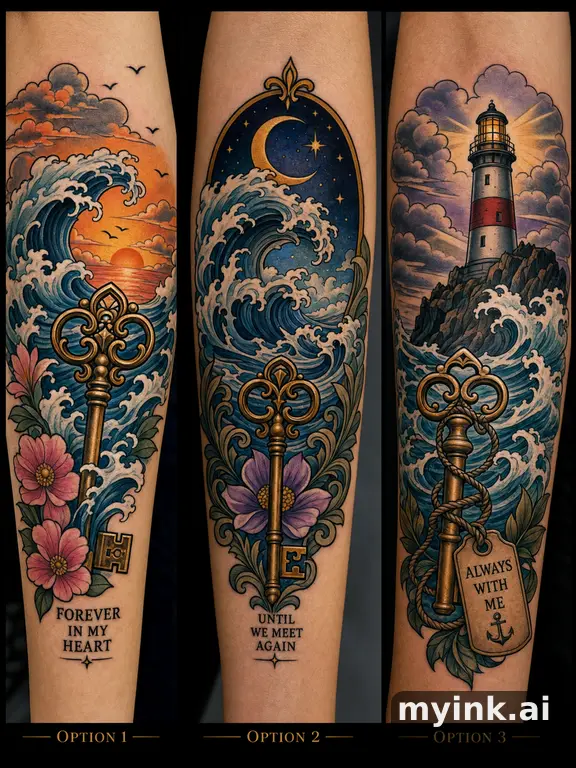 Three symbolic memorial tattoo routes based on ocean waves and a small key — Neotraditional Tattoo Design reference image