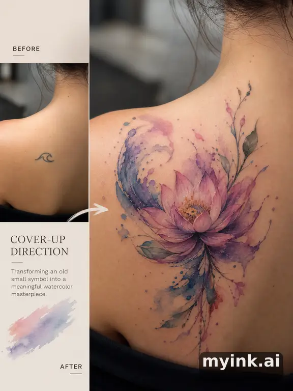 Before-and-after cover-up direction that absorbs an old small symbol — Watercolor Tattoo Design reference image