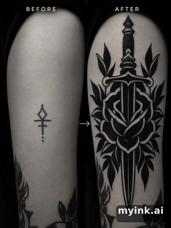 Before-and-after cover-up direction that absorbs an old small symbol — Blackwork Tattoo Design reference image