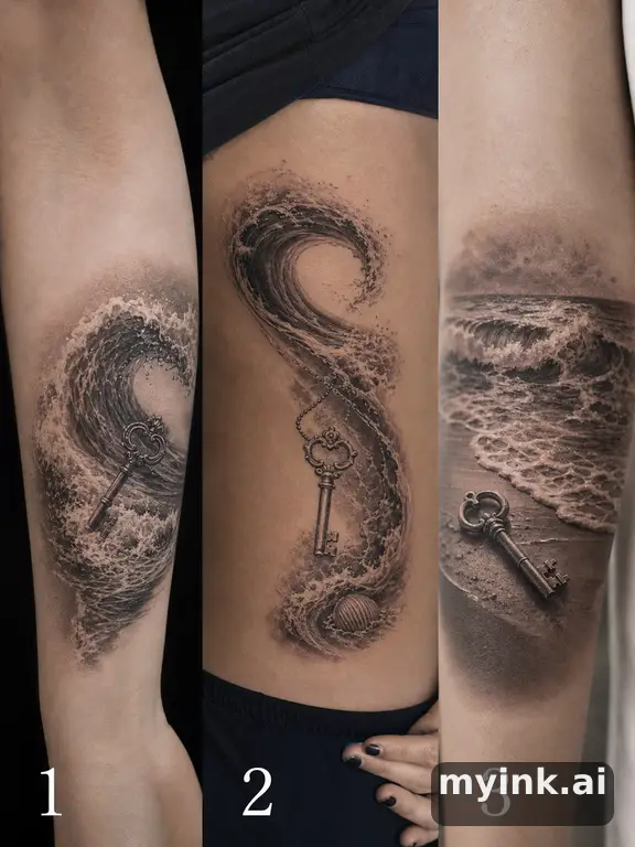 Three symbolic memorial tattoo routes based on ocean waves and a small key — Realistic Tattoo Design reference image