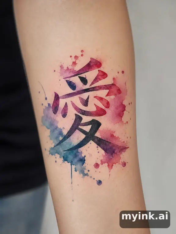 Chinese character '愛' (love) — Watercolor Tattoo Design reference image