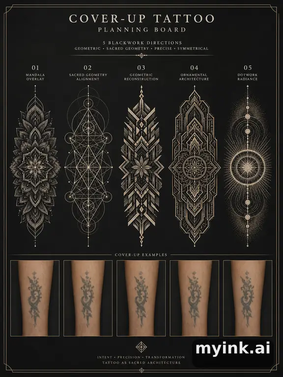 Cover-up tattoo planning board showing five blackwork directions — Geometric Tattoo Design reference image