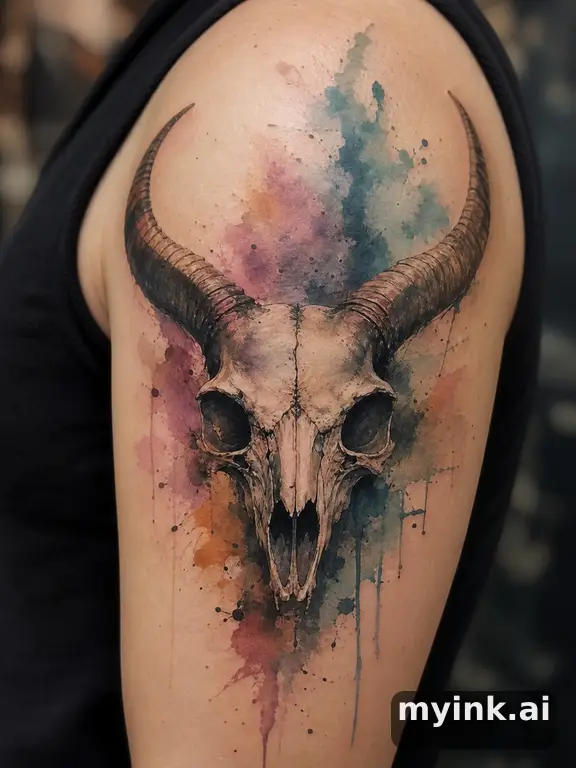 Skull with horns — Watercolor Tattoo Design reference image