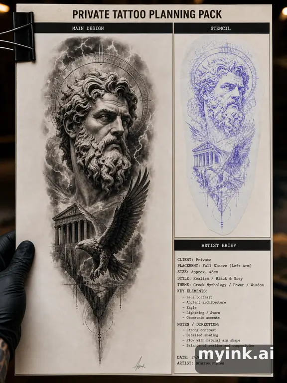Private tattoo planning pack layout with main design — Realistic Tattoo Design reference image