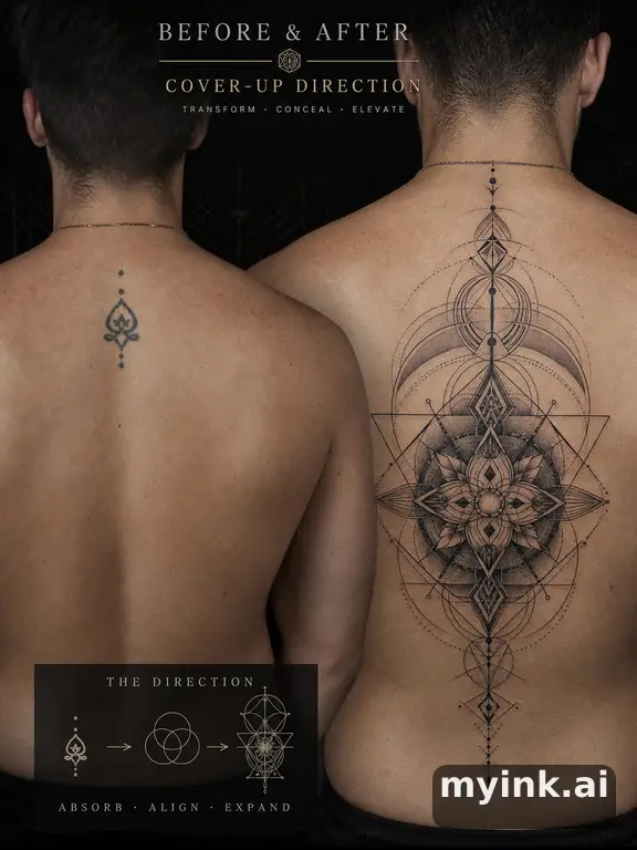 Before-and-after cover-up direction that absorbs an old small symbol — Geometric Tattoo Design reference image