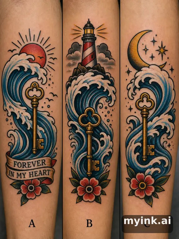 Three symbolic memorial tattoo routes based on ocean waves and a small key — Traditional Tattoo Design reference image