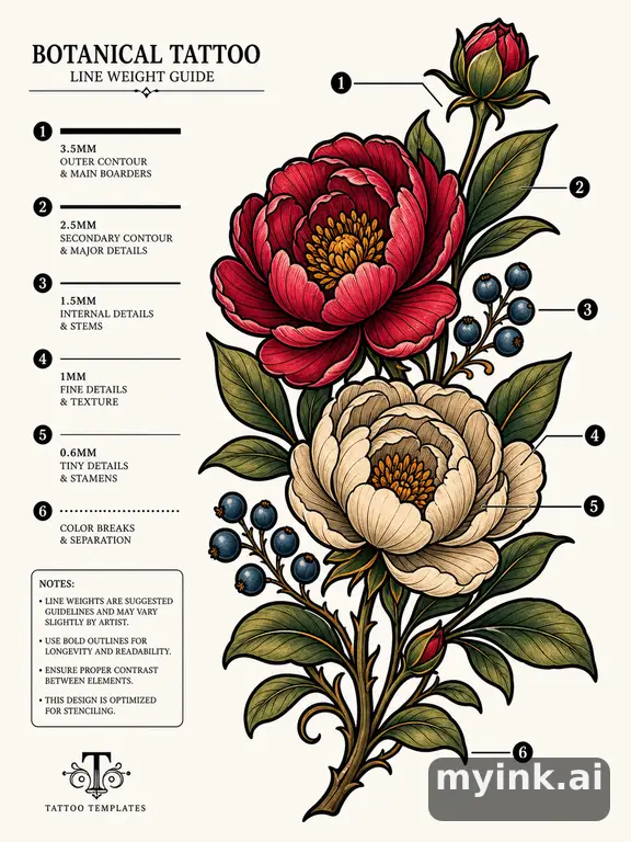 Clean stencil-ready botanical tattoo with line weight annotations — Neotraditional Tattoo Design reference image