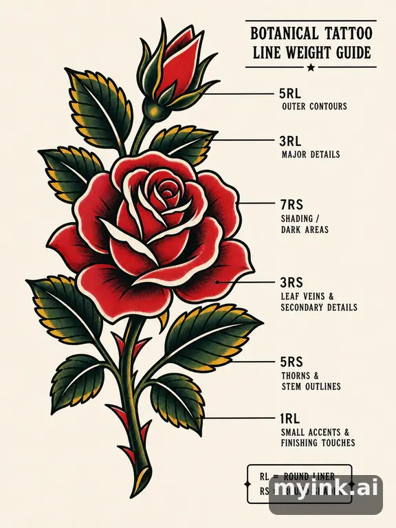 Clean stencil-ready botanical tattoo with line weight annotations — Traditional Tattoo Design reference image