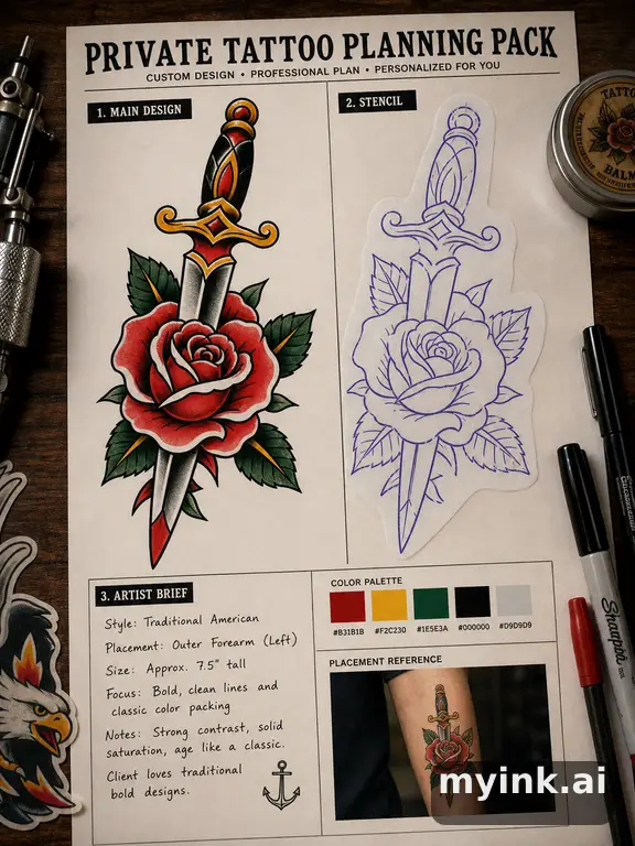Private tattoo planning pack layout with main design — Traditional Tattoo Design reference image