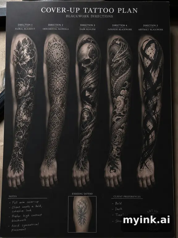 Cover-up tattoo planning board showing five blackwork directions — Realistic Tattoo Design reference image