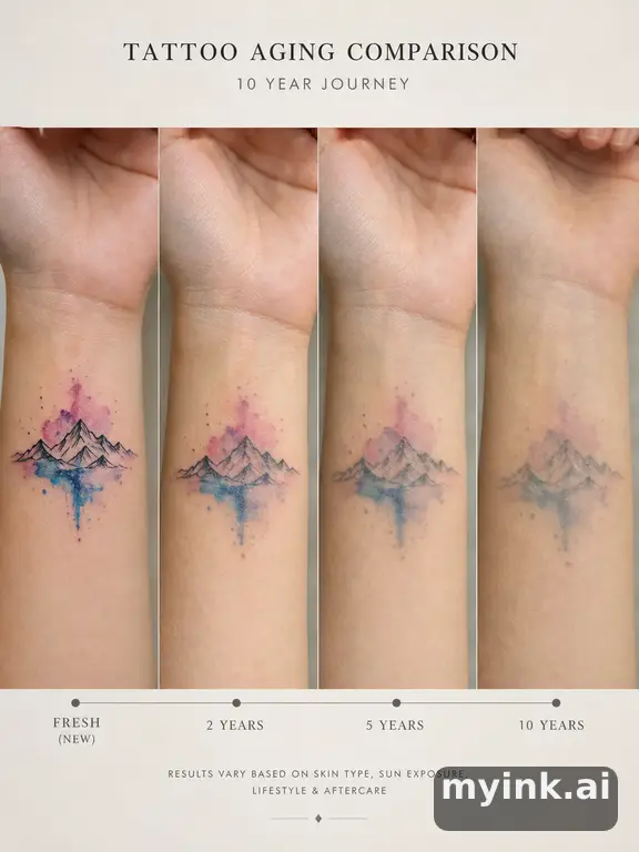 Tattoo aging comparison for a minimalist wrist design over ten years — Watercolor Tattoo Design reference image