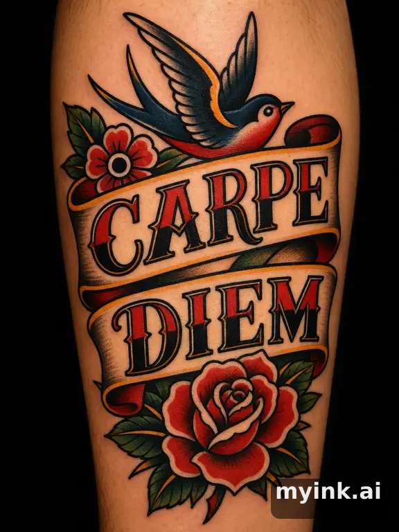 Phrase 'Carpe Diem' in vintage lettering — Traditional Tattoo Design reference image