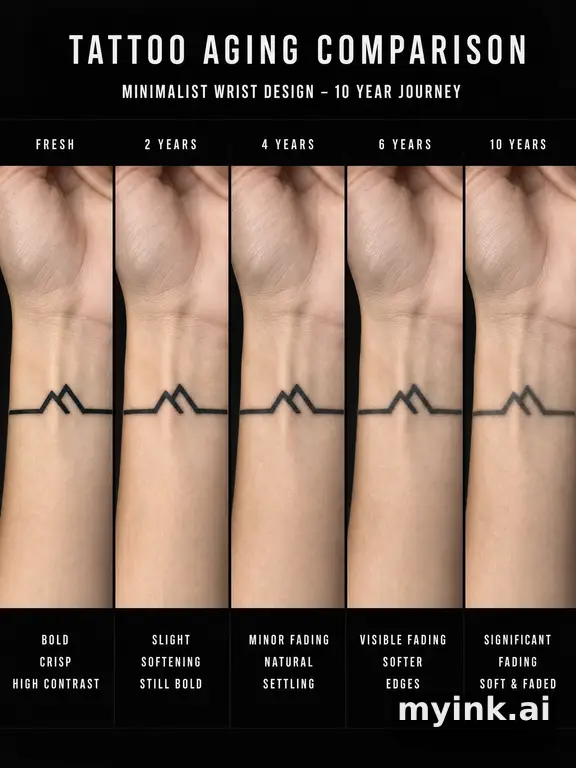 Tattoo aging comparison for a minimalist wrist design over ten years — Blackwork Tattoo Design reference image