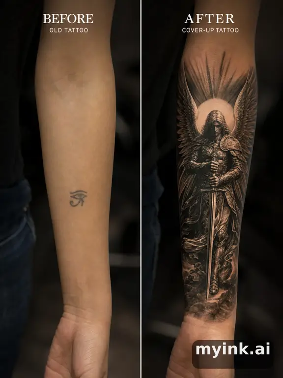 Before-and-after cover-up direction that absorbs an old small symbol — Realistic Tattoo Design reference image