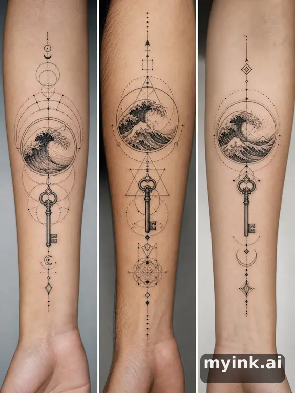 Three symbolic memorial tattoo routes based on ocean waves and a small key — Geometric Tattoo Design reference image