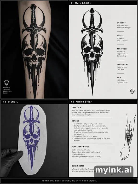 Private tattoo planning pack layout with main design — Blackwork Tattoo Design reference image