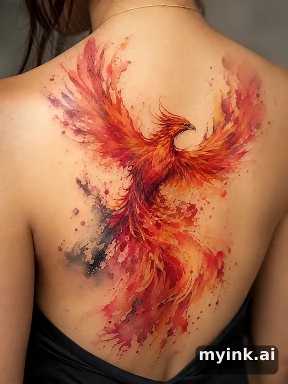 Phoenix rising from flames — Watercolor Tattoo Design reference image