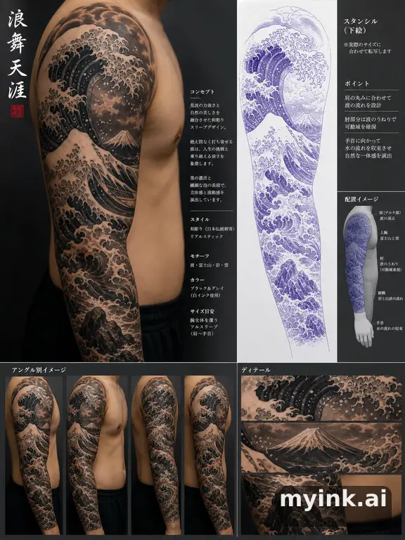 Consultation-ready Japanese wave tattoo plan with stencil and placement notes — Realistic Tattoo Design reference image