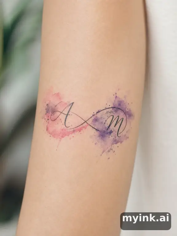 Two initials connected by an infinity loop in minimalist line art — Watercolor Tattoo Design reference image