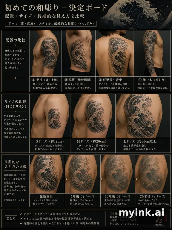 First tattoo decision board comparing placement — Japanese Tattoo Design reference image