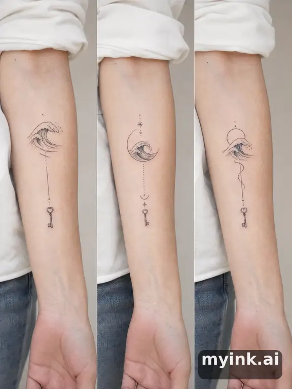 Three symbolic memorial tattoo routes based on ocean waves and a small key — Minimalist Tattoo Design reference image