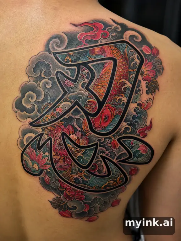 Chinese character '忍' (endurance) — Neotraditional Tattoo Design reference image