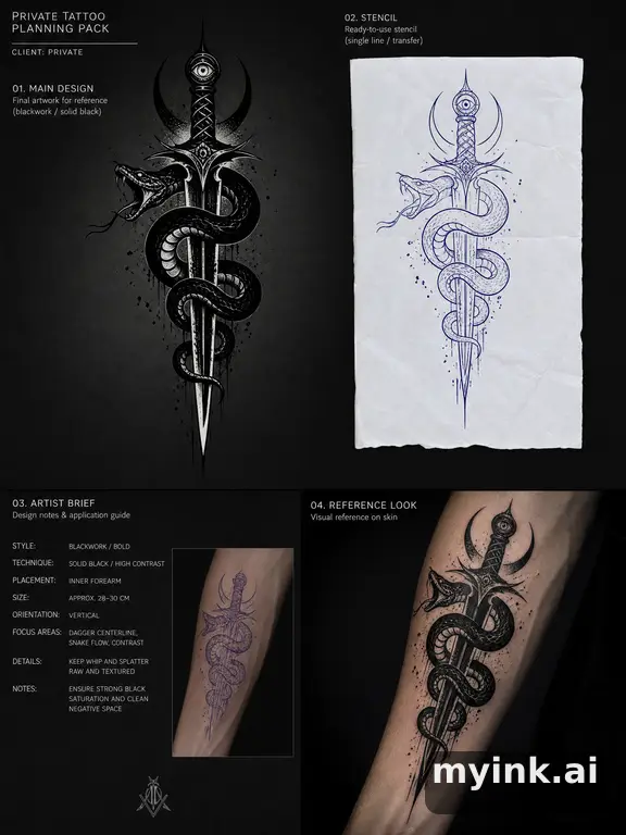 Private tattoo planning pack layout with main design — Blackwork Tattoo Design reference image