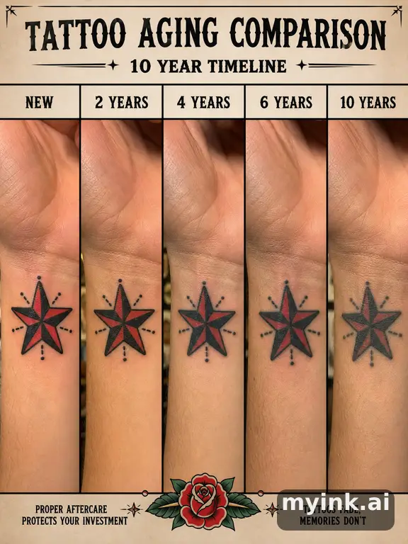 Tattoo aging comparison for a minimalist wrist design over ten years — Traditional Tattoo Design reference image