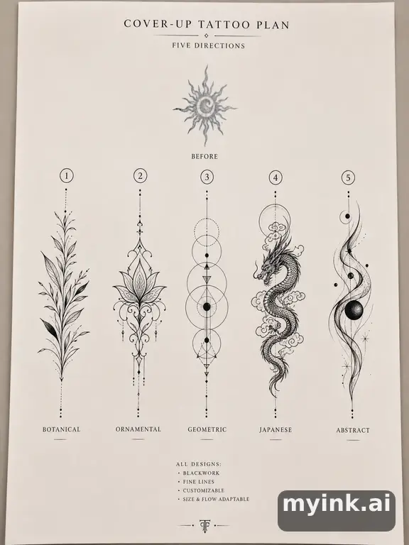 Cover-up tattoo planning board showing five blackwork directions — Minimalist Tattoo Design reference image