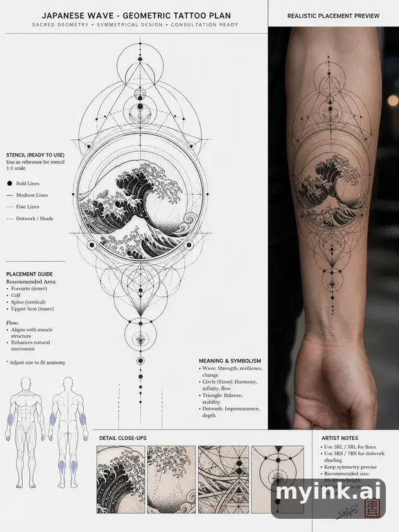 Consultation-ready Japanese wave tattoo plan with stencil and placement notes — Geometric Tattoo Design reference image