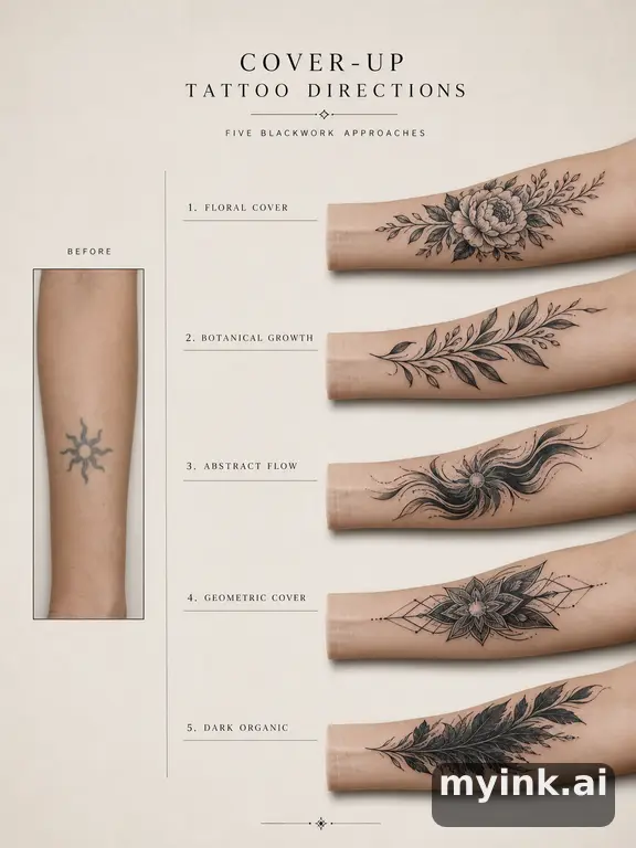 Cover-up tattoo planning board showing five blackwork directions — Minimalist Tattoo Design reference image